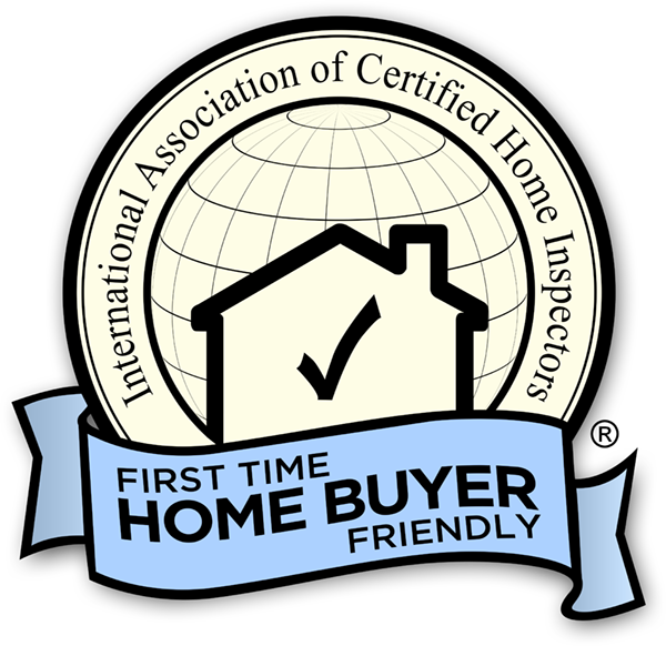 Logo of the International Association of Certified Home Inspectors featuring a house icon with a checkmark, a globe, and a ribbon that reads "First Time Home Buyer Friendly."