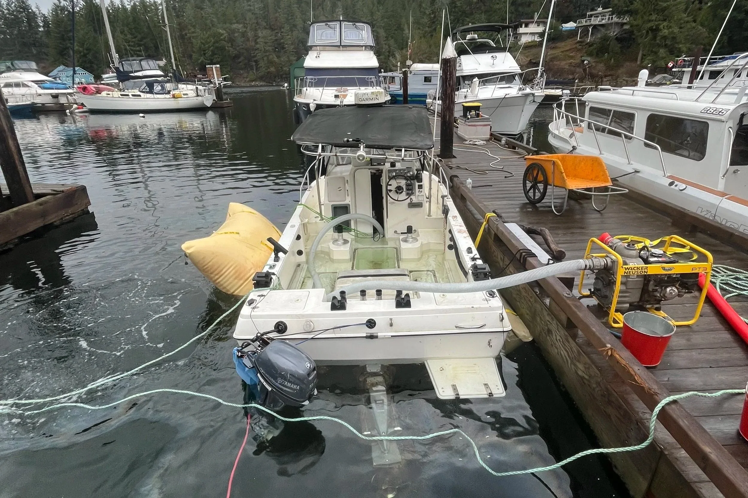 A small white boat docked at a marina with various larger boats anchored in the water. The boat has a motor at the back, a yellow fuel tank, and equipment, with the dock on the right side. The background shows trees and houses on a hillside.