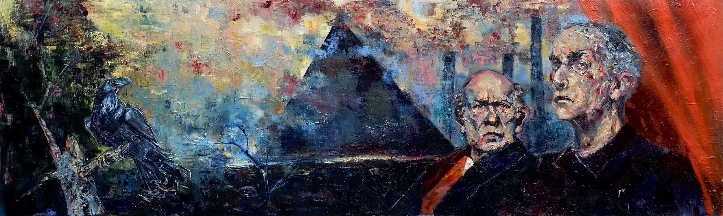 A colorful abstract painting depicting two elderly men with somber expressions, a dark house or barn in the background, and a bird perched on a branch on the left side. The painting uses bold strokes and a vibrant palette.