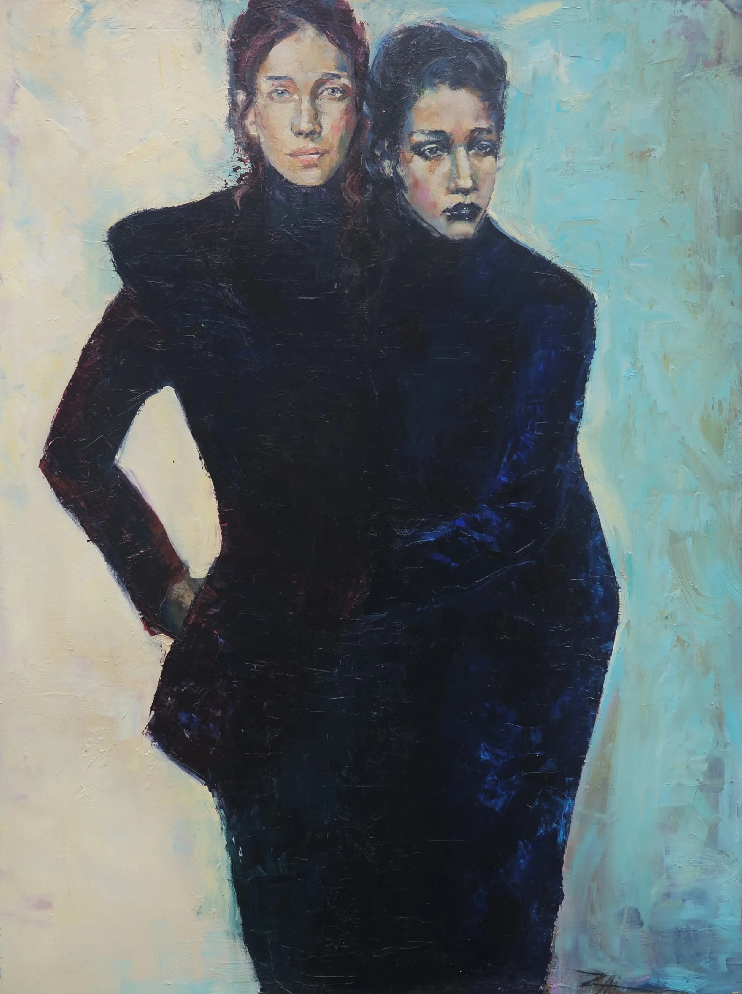 A painting of two women with dark hair, dressed in black, standing close together against a light, textured background.