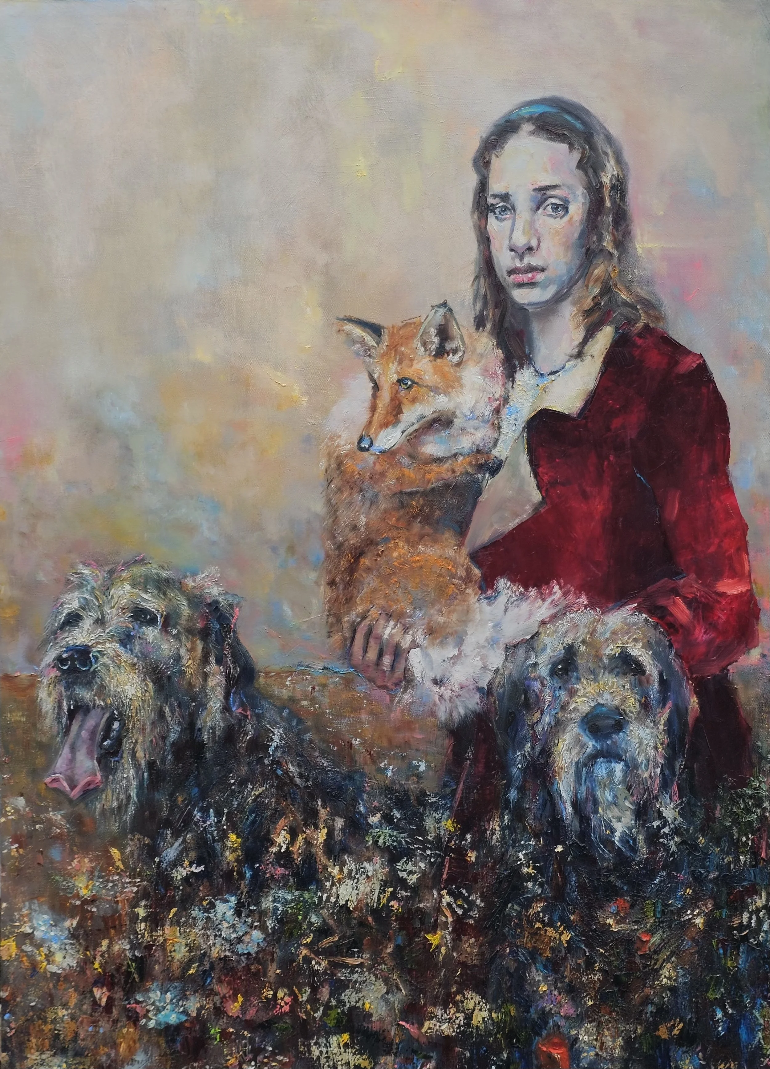 A painting of a woman with long dark hair in a red dress, holding a fox, surrounded by two dogs in an impressionistic style.