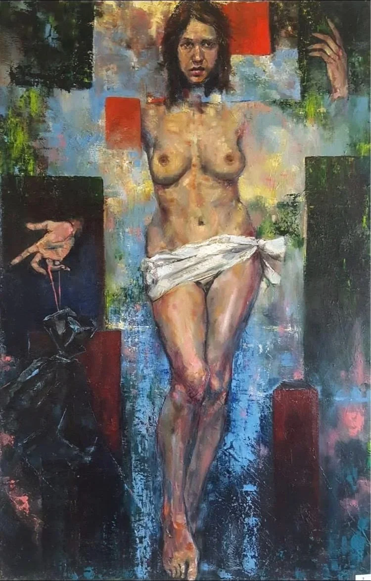 An oil painting of a nude woman with dark hair, standing with her legs crossed. She is wrapped with a white cloth around her waist. The background features abstract colors, with a smaller image of a woman stretching and an image of a horse on the left side.