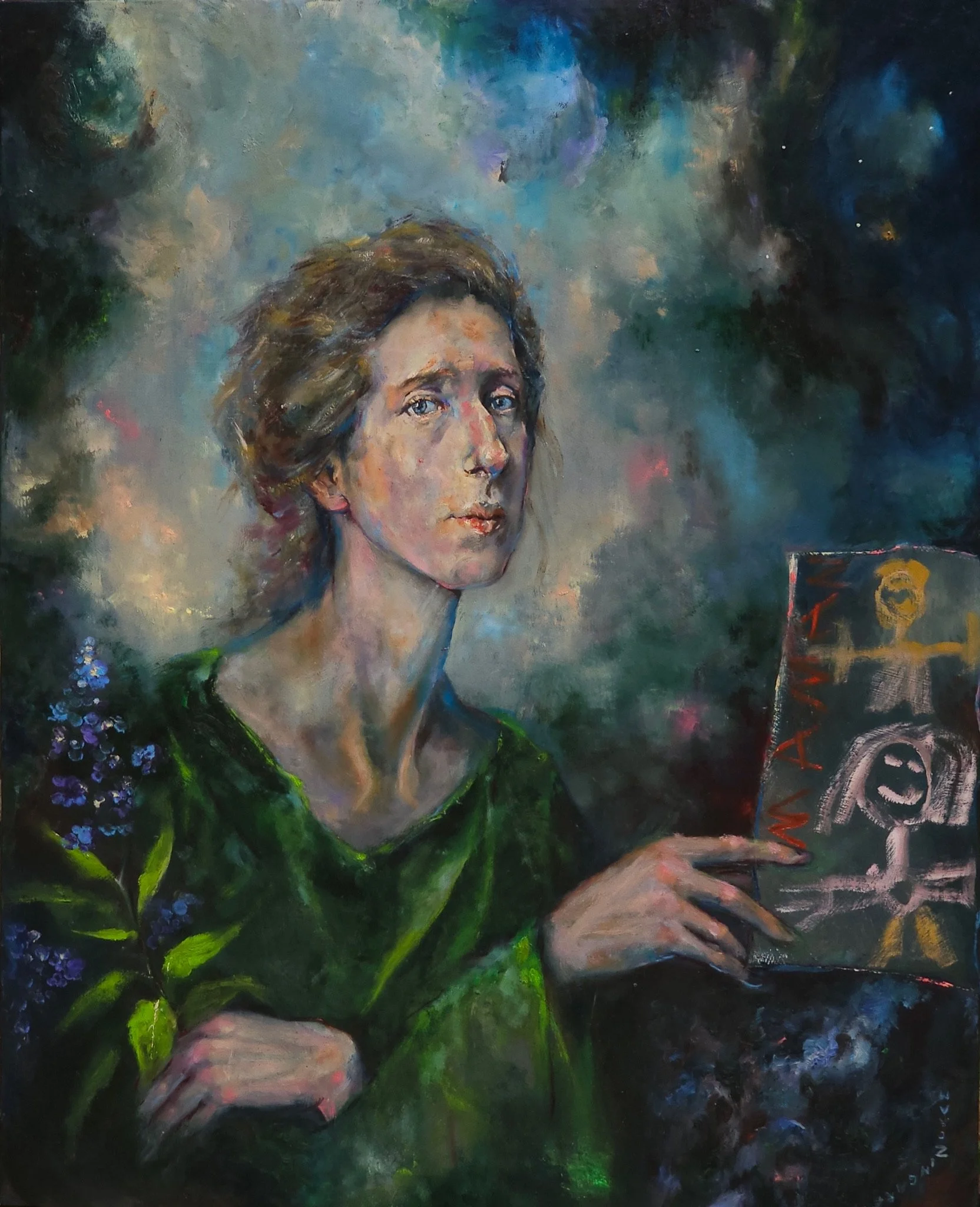 A painted portrait of a woman with short, wavy hair, wearing a green top, holding a drawing or painting of stick figures and abstract shapes, set against a colorful, abstract background.
