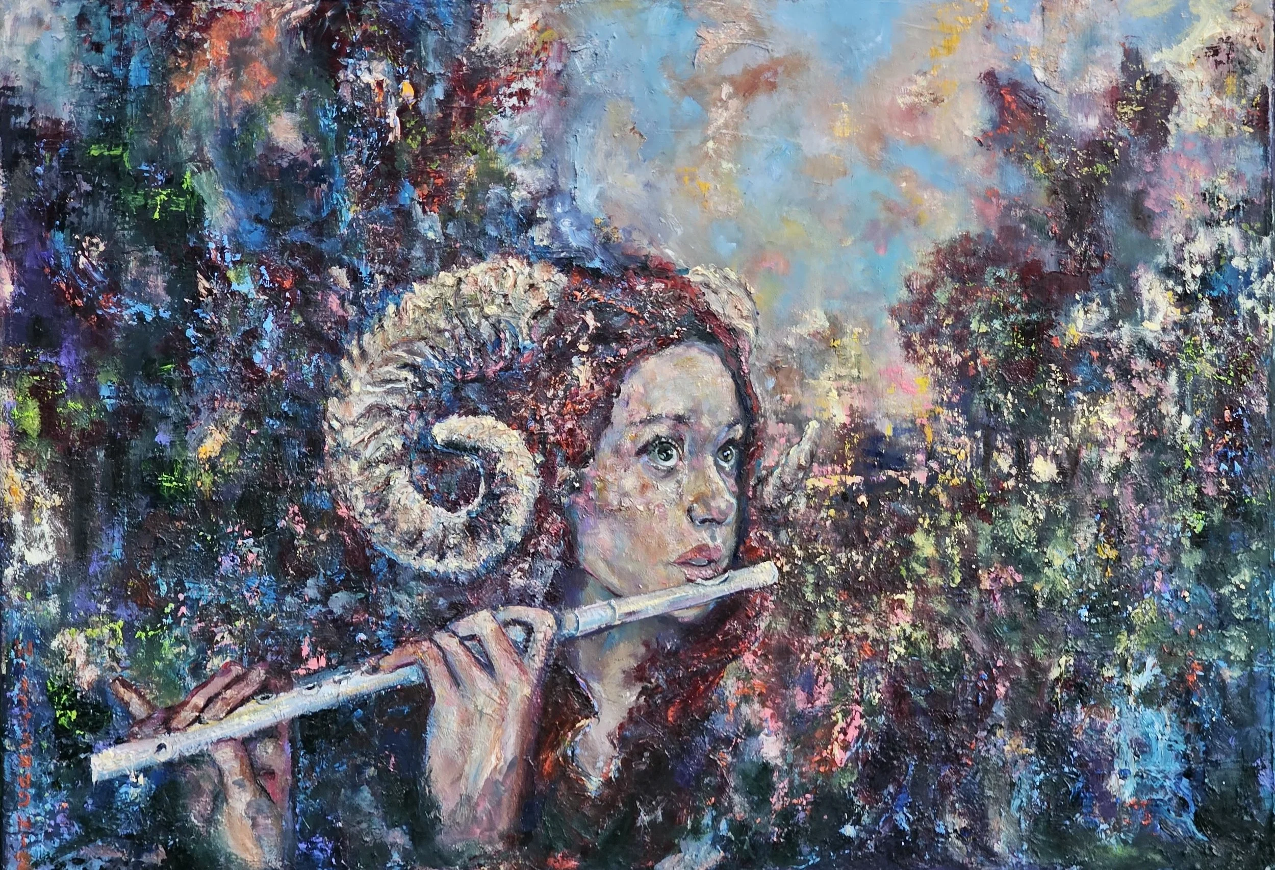 An abstract painting of a woman with curly hair, playing a flute with a colorful, textured background.