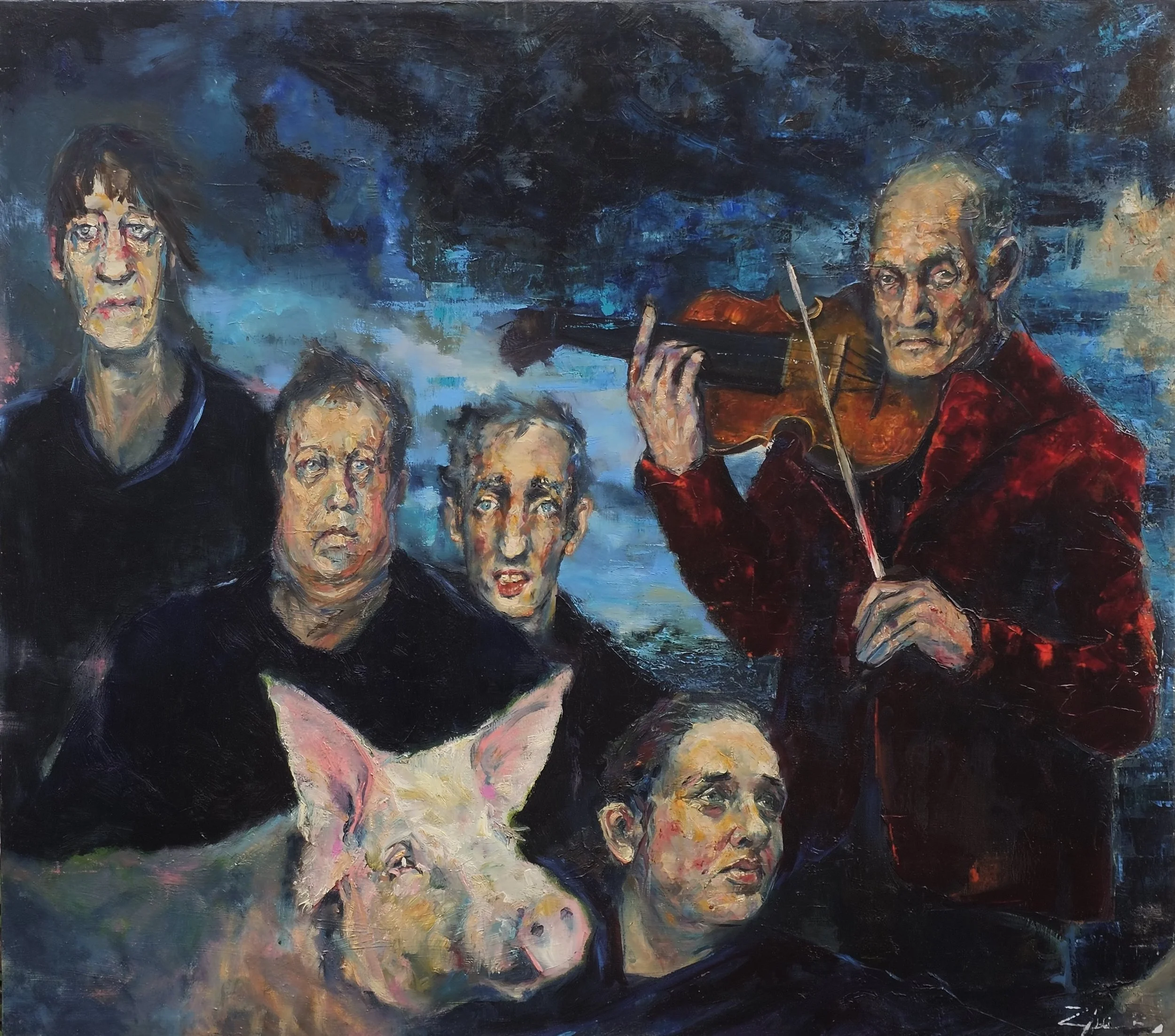 A colorful painting of six people, one woman, four men, and a pig, with one man playing the violin, set against a dark abstract background.
