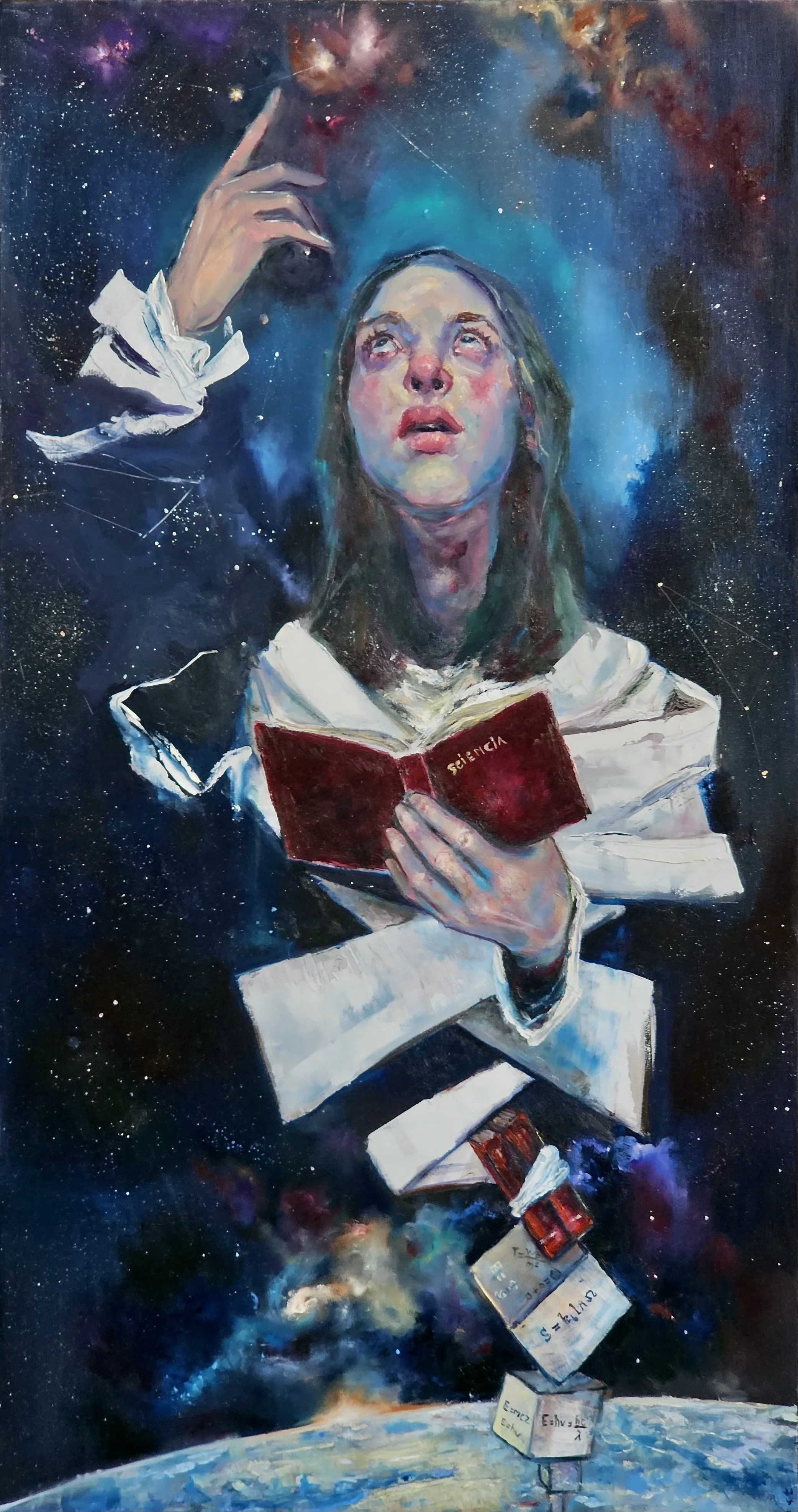 Painting depicts a young woman with long brown hair in space, holding a red book titled 'Science'. She has an expression of curiosity and wonder, looking upward amidst stars, nebulae, and cosmic phenomena. Floating books and papers orbit her, blending with the cosmic background.