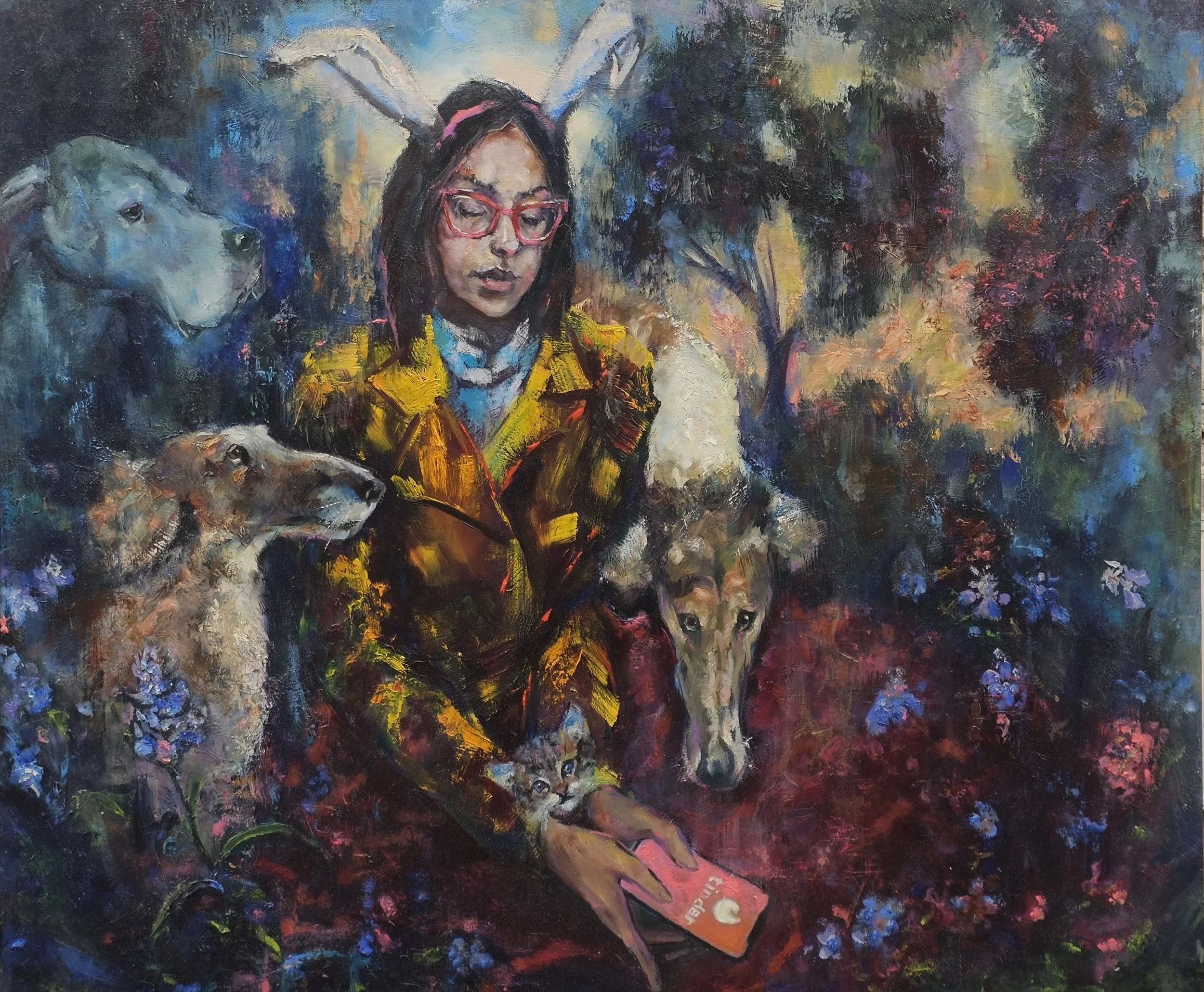 A woman with bunny ears and glasses sitting among three dogs and a cat in a vibrant, colorful garden filled with flowers, holding a smartphone.