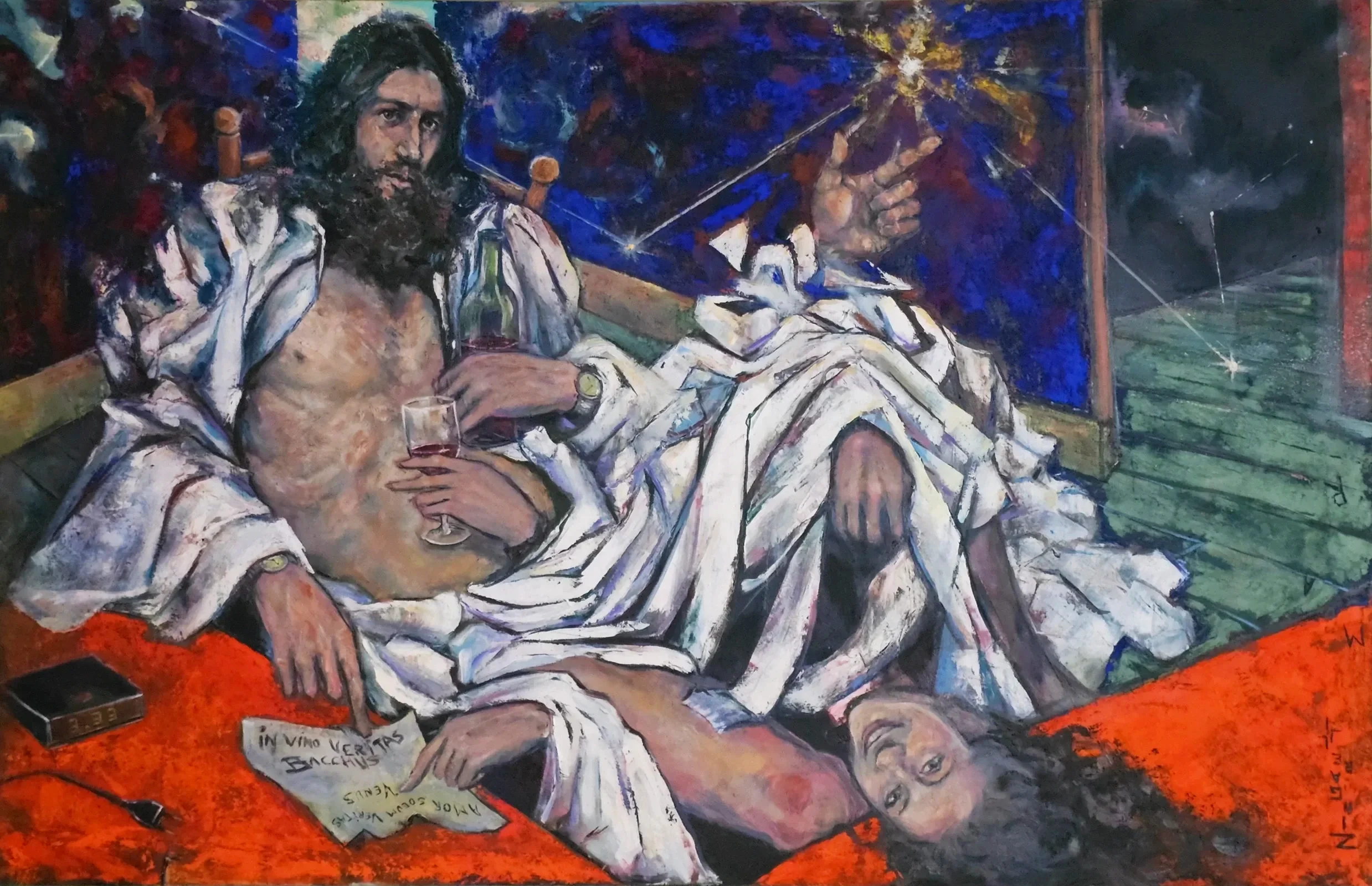 Painting of Jesus Christ with long hair and a beard, seated indoors, holding a glass of red wine, with a woman lying on the floor beside him, and a starry night sky with constellations visible in the background.