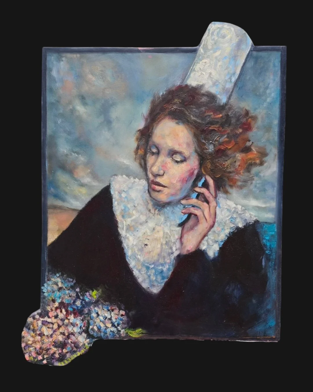 Painting of a woman with closed eyes, holding a phone, with a cloudy sky background, and a floral pattern extending from her dress.