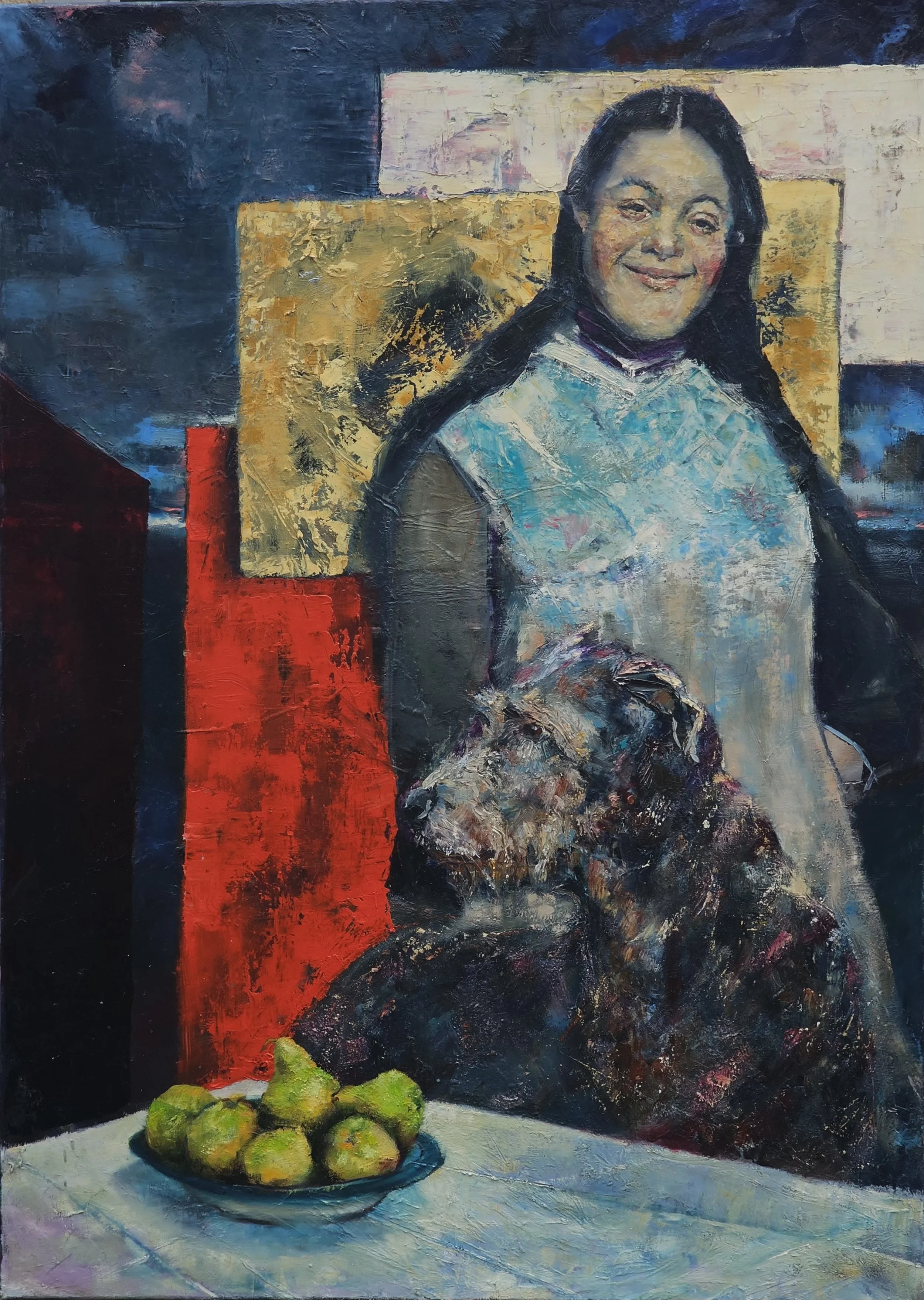 Painting of a woman smiling, sitting beside a large, fluffy dog, with a bowl of green apples on a table in front of them.