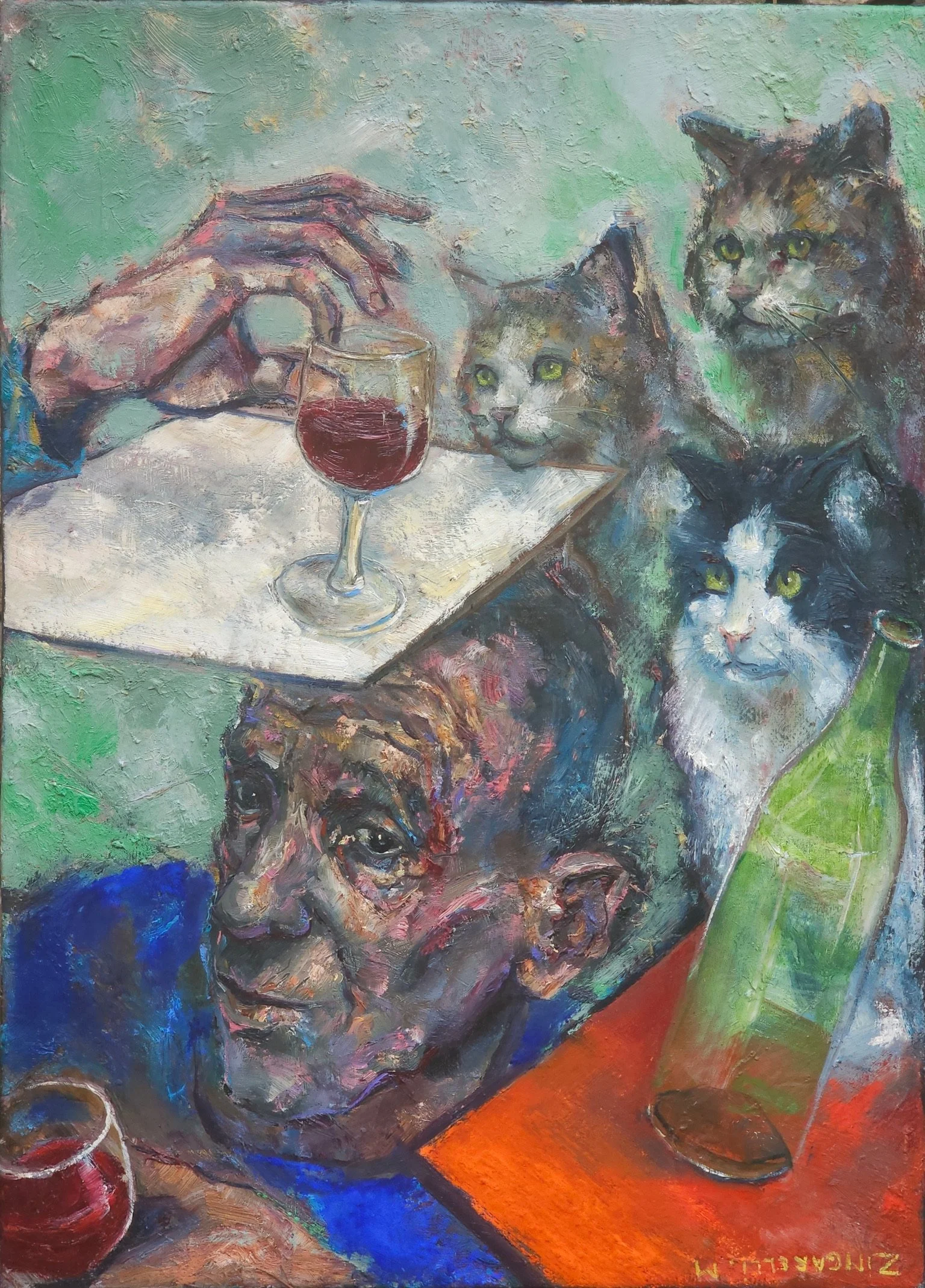 A colorful painting featuring a human face with glasses and five cats, with a table holding a glass of red wine and a glass of water. The human is lying on a blue surface, and the cats are around the face, with one near the glass of water and others sitting or lying nearby.