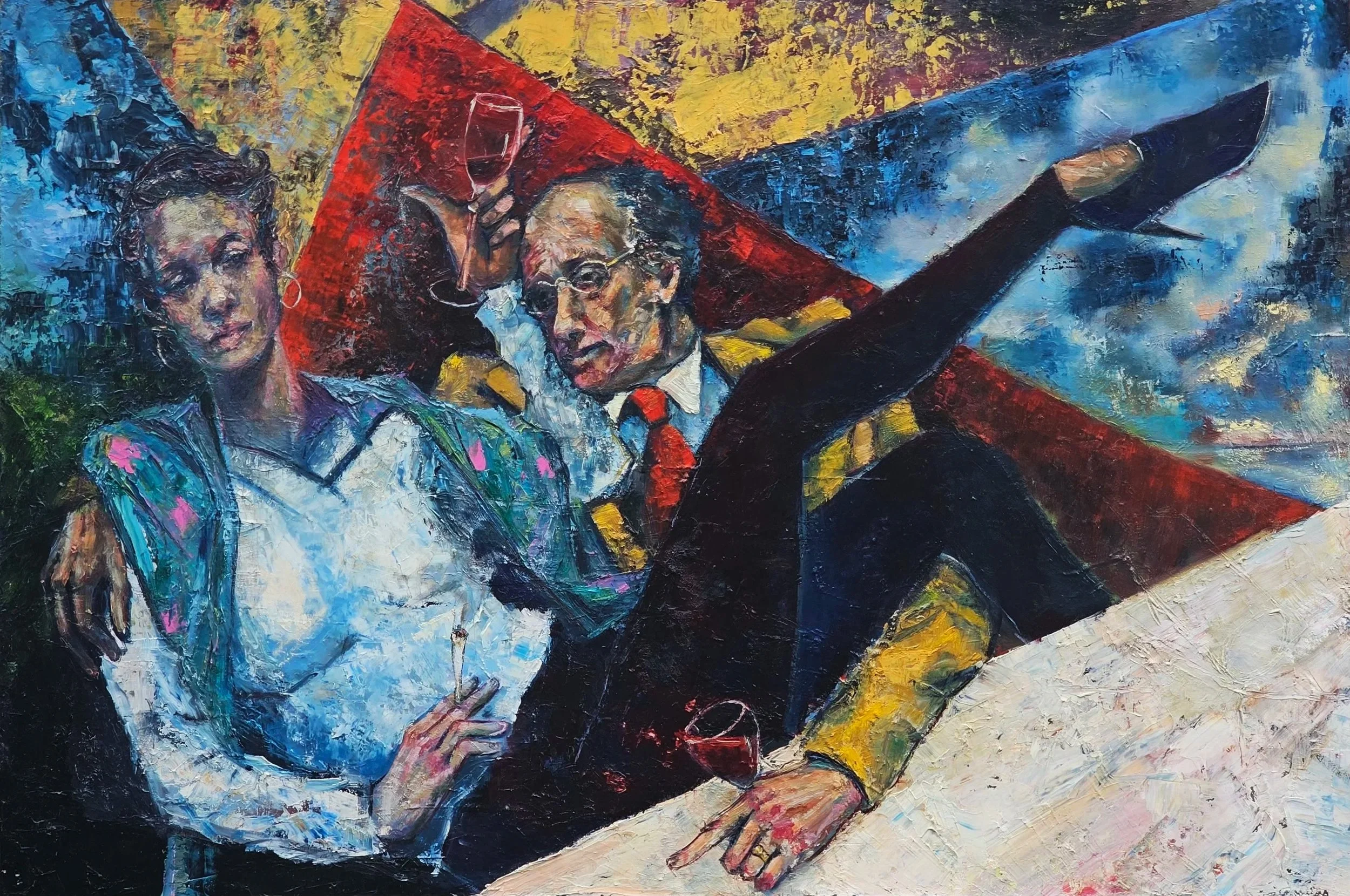 An abstract painting of two adults sitting at a table, holding wine glasses, with vibrant blue, yellow, red, and other colors in the background.
