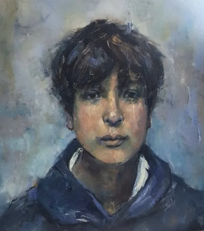 Oil painting of a young boy with dark hair, wearing a dark hoodie with a white shirt underneath, looking directly at the viewer.