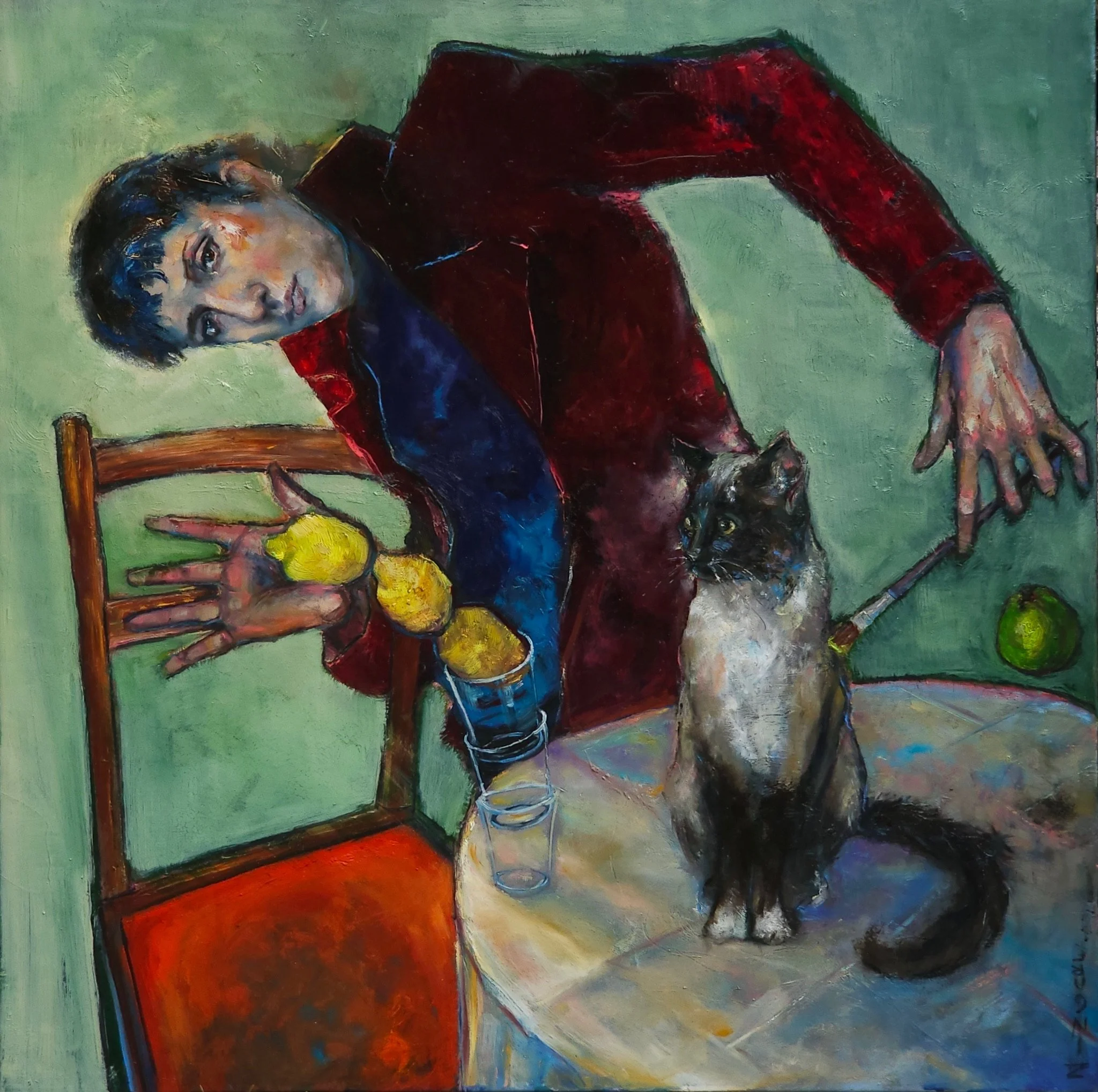 An oil painting of a man leaning on a table with a glass of water and lemons, a black cat sitting on the table, holding a stick with a lime, against a green background.