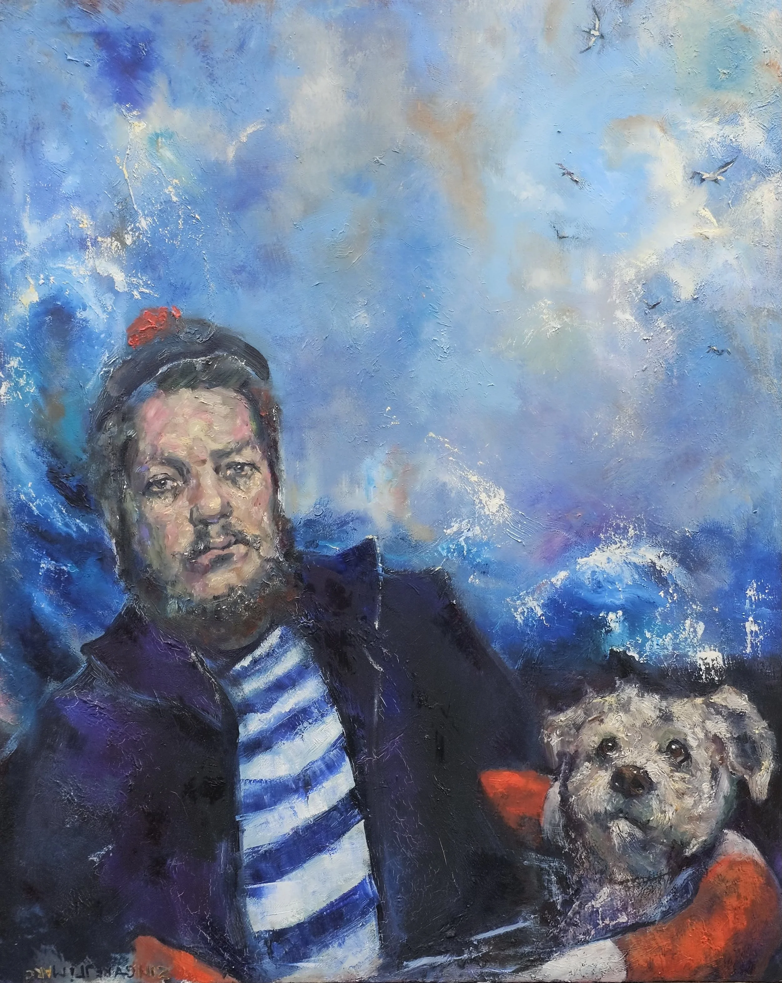 A painting of a man with a beard and a woman with a ponytail and a dog, against a vibrant blue sky with clouds and birds.