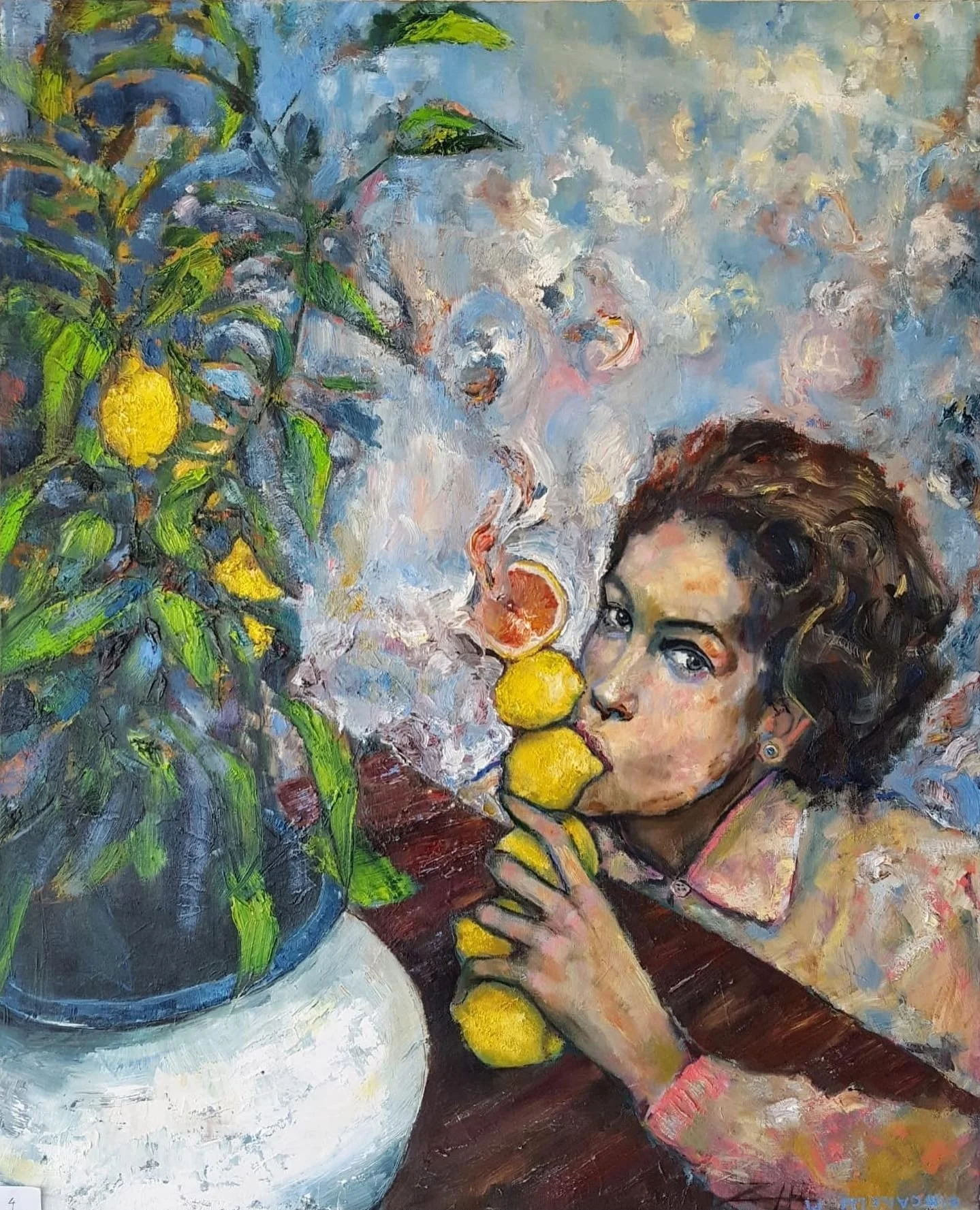 An oil painting of a young girl with curly brown hair, sipping lemon slices. She is looking directly at the viewer with a subtle expression. There is a large potted lemon plant with green leaves and bright yellow lemons on the left side. The background features a swirling mix of soft pastel colors.