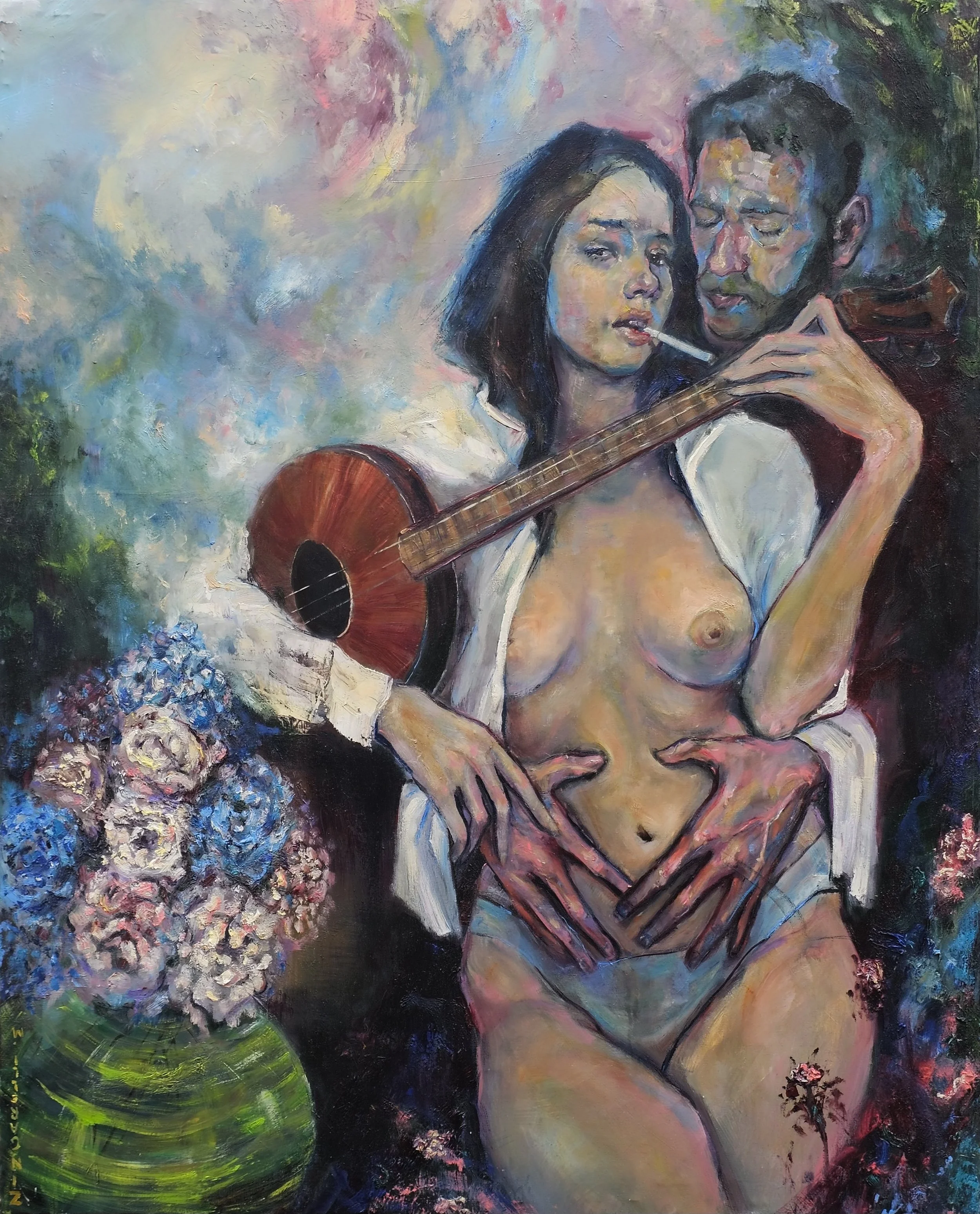 A colorful painting of a nude woman with a guitar resting on her shoulders, holding it with her left arm. A man stands behind her, with his hands on her abdomen, and a cigarette in her mouth. There is a bouquet of flowers on a green vase to the left.