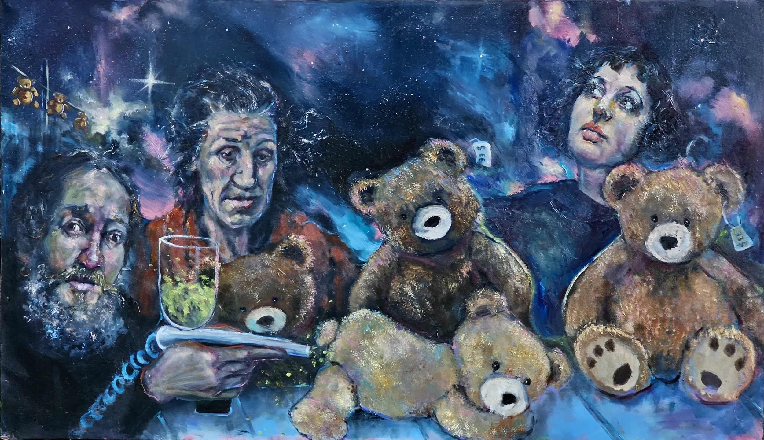A colorful painting of three people and four teddy bears with tags. The person on the left has long brown hair, a beard, and a mustache. The middle person has curly dark hair and is holding a glass of green drink. The person on the right has short dark curly hair and is looking thoughtfully. The background features a cosmic scene with stars and pink clouds.