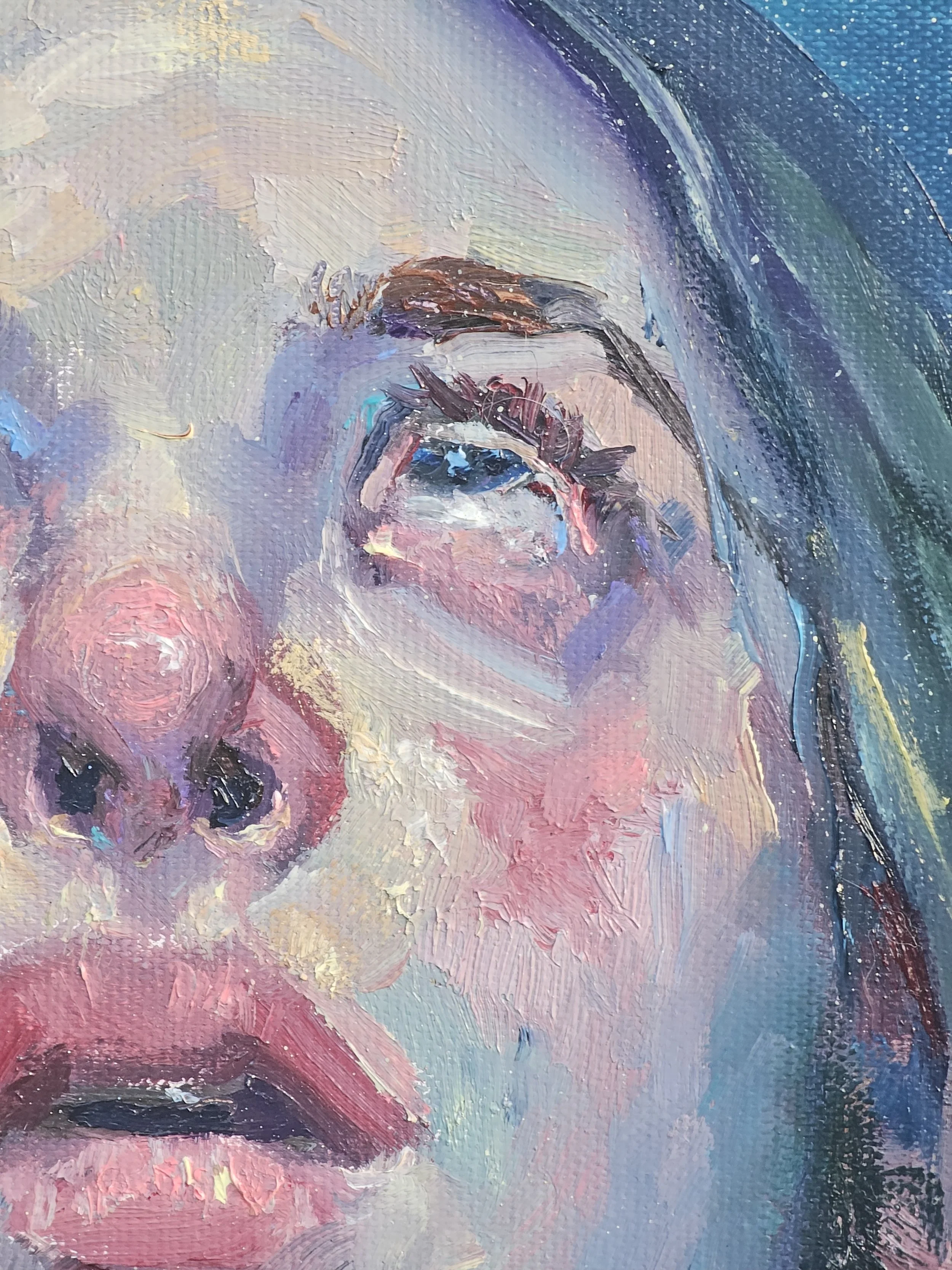 Close-up of an impressionistic oil painting of a woman's face, showing one eye, nose, and lips, with visible brushstrokes and vibrant pastel colors.