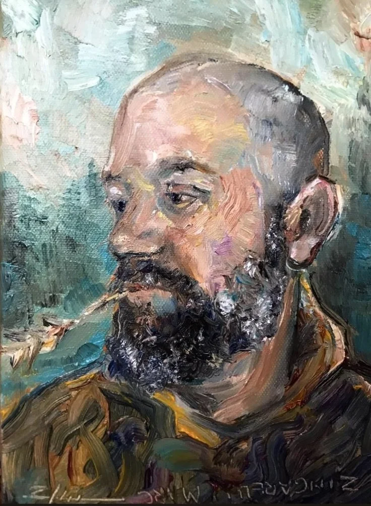 Portrait of a man with a beard and mustache, wearing a dark shirt with a colorful abstract background, painted in an impressionistic style.