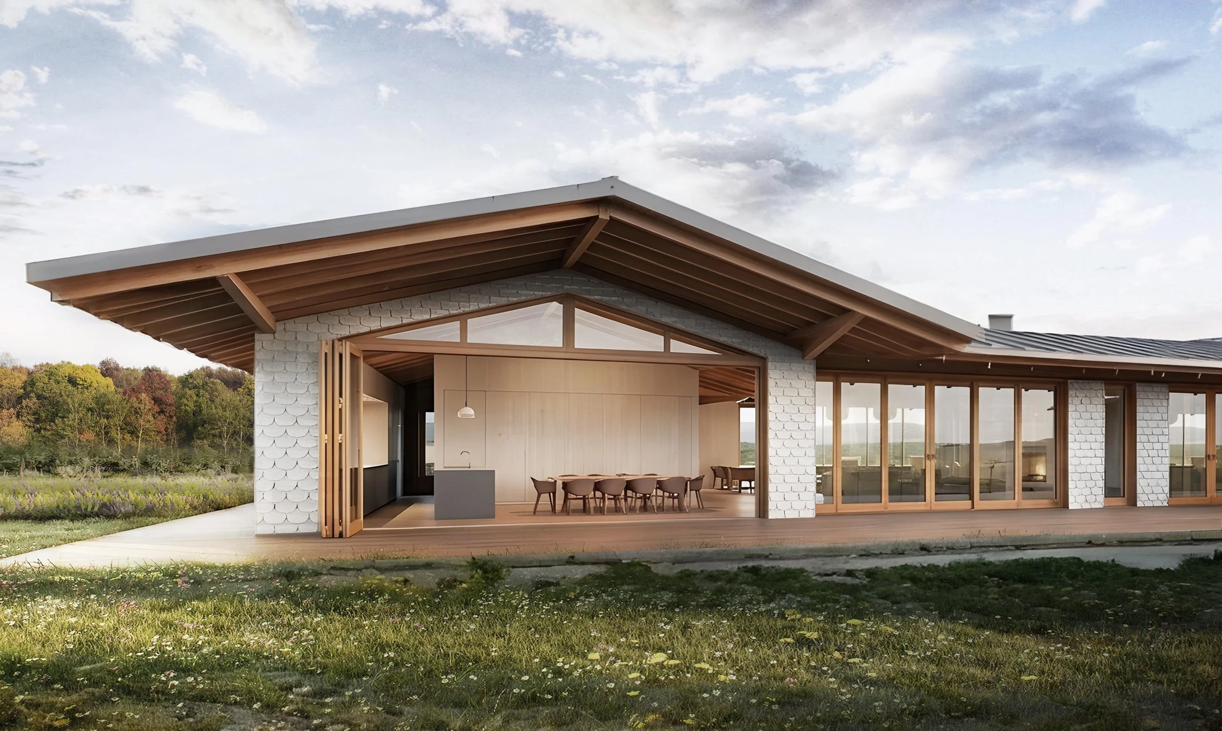 Modern and elegant house with large glass windows, wooden roof, and outdoor patio, surrounded by grassy landscape and trees. The facade is made by recycled plastic and fiberglass.