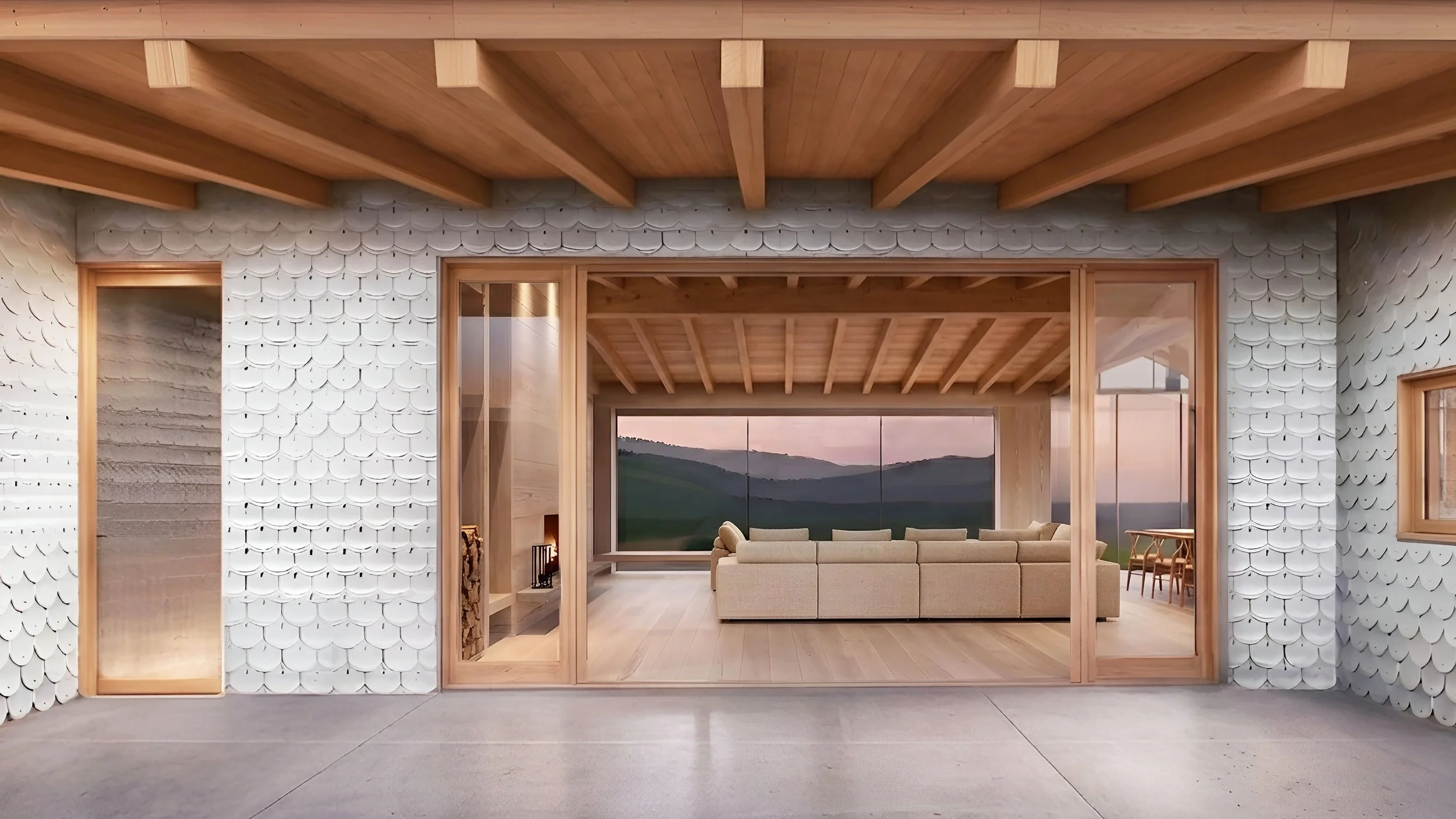 Modern house with wooden sliding glass doors, decorated with white scalloped siding made by recycled plastic and fiberglass, overlooking a landscape with hills and a sunset sky. 
