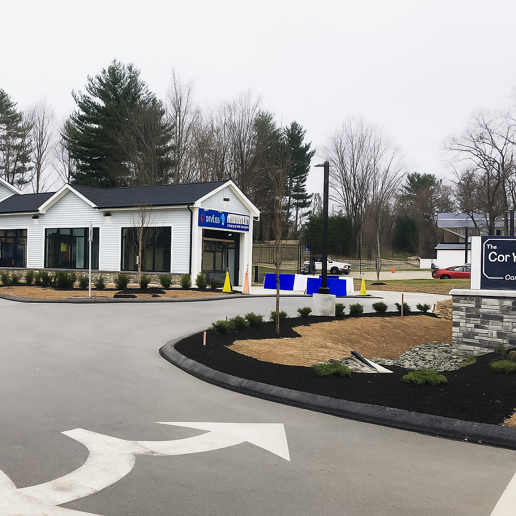 A drive-thru area with a white building, construction cones, and a parking lot surrounded by trees.