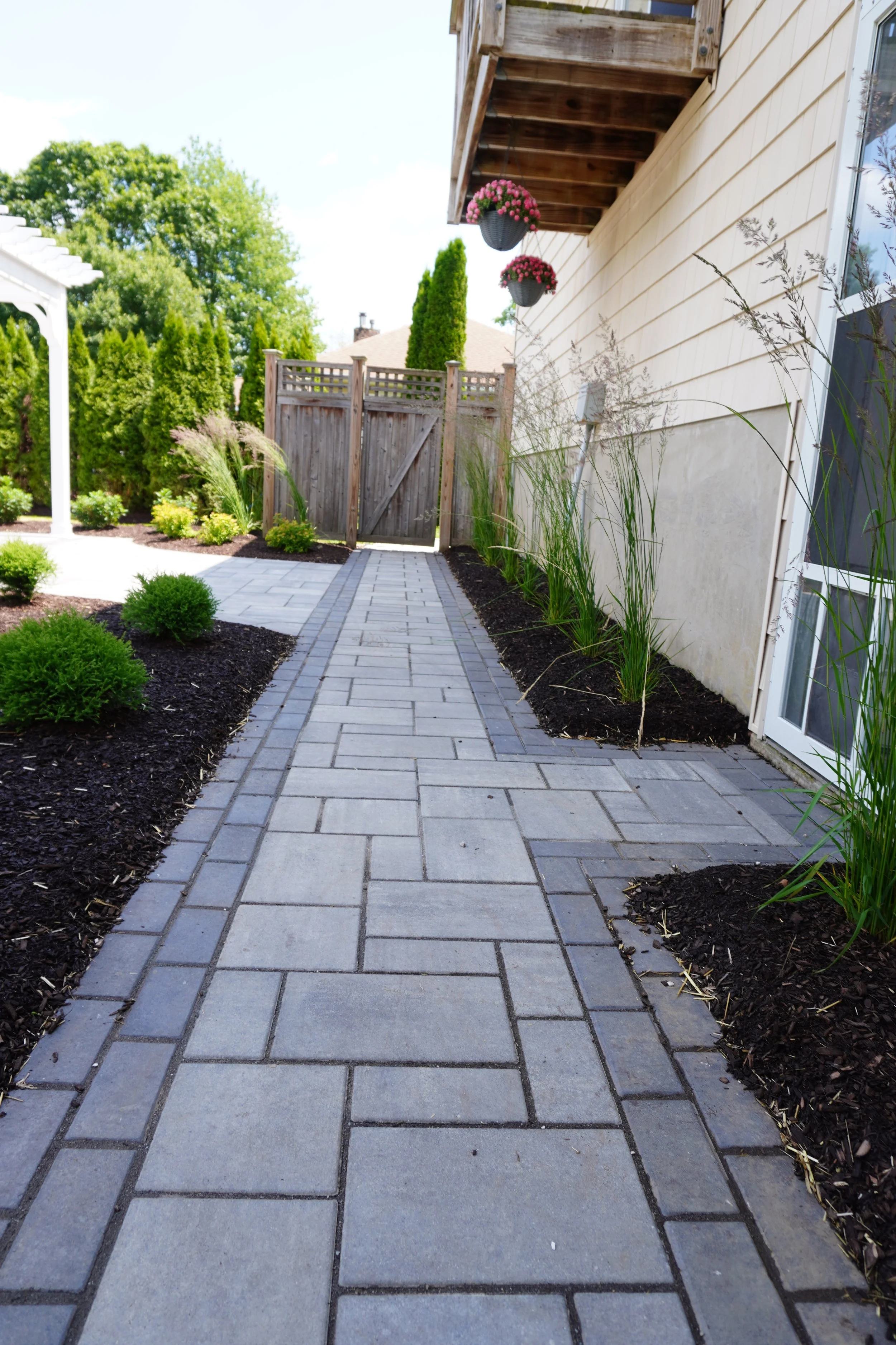 Backyard pathway with gray pavers, landscaped with bushes and tall grass, leading to a wooden gate and house with hanging flower pots.