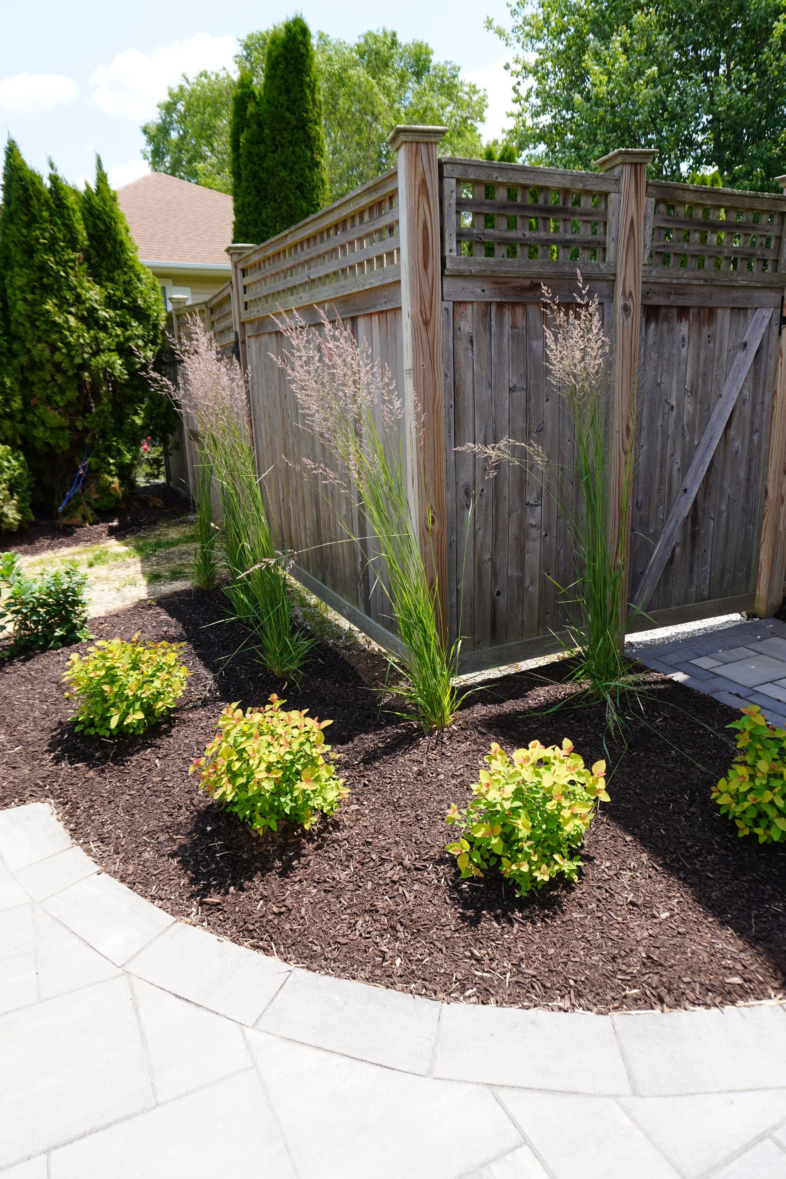 A backyard garden with flowering plants, bushes, and a wooden privacy fence, adjacent to a paved stone pathway.