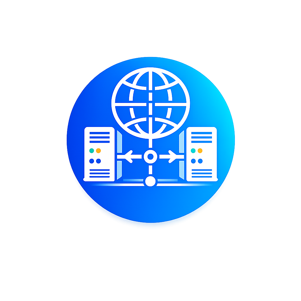 A digital icon representing internet connectivity, featuring a globe at the top and two servers connected with arrows on a blue circular background.