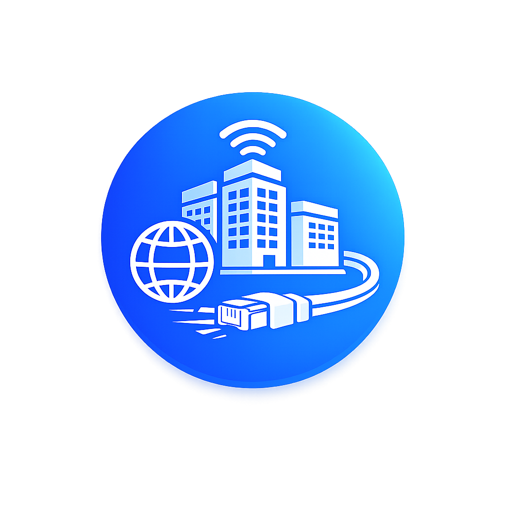 Icon depicting a cityscape with buildings, a globe, a Wi-Fi signal, and a network cable, representing connectivity and smart city technology.