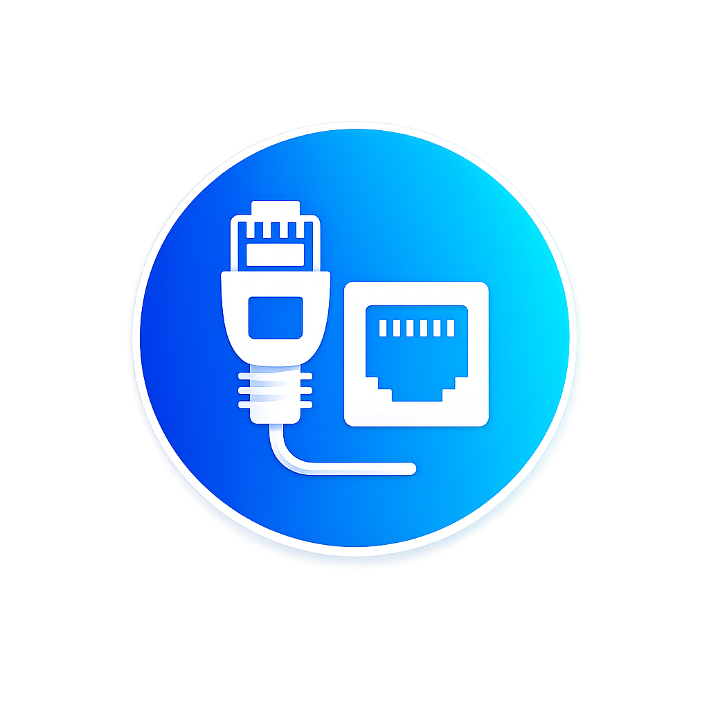 Neon blue icon with a power cord and an Ethernet port symbol on a black background.