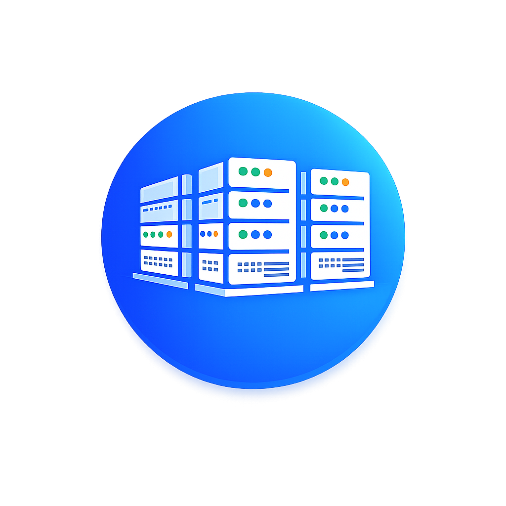 Illustration of server racks inside a blue circular background.