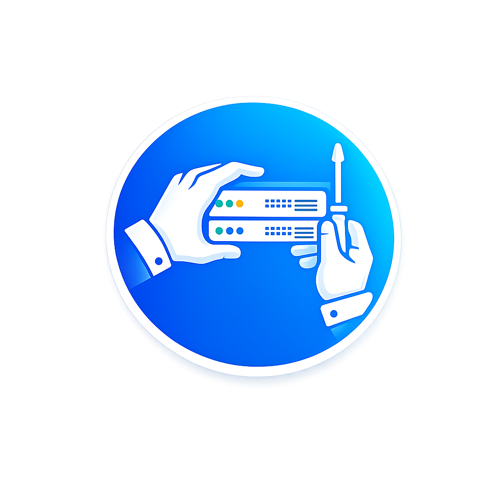 Illustration of hands installing or repairing server hardware with a screwdriver on a blue circular background.