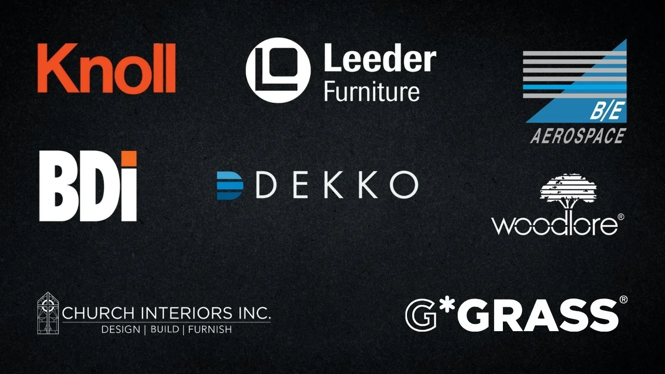 Collection of logos for Knoll, Leder Furniture, B/E Aerospace, BDI, Dekko, Woodcore, Church Interiors Inc., and G*Grass on a dark background.