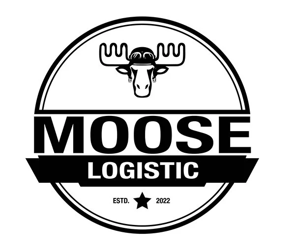 Logo featuring a moose skull at the top with antlers, the words 'MOOSE LOGISTIC' in bold, and 'ESTD. 2022' below, all in black and white circular emblem.