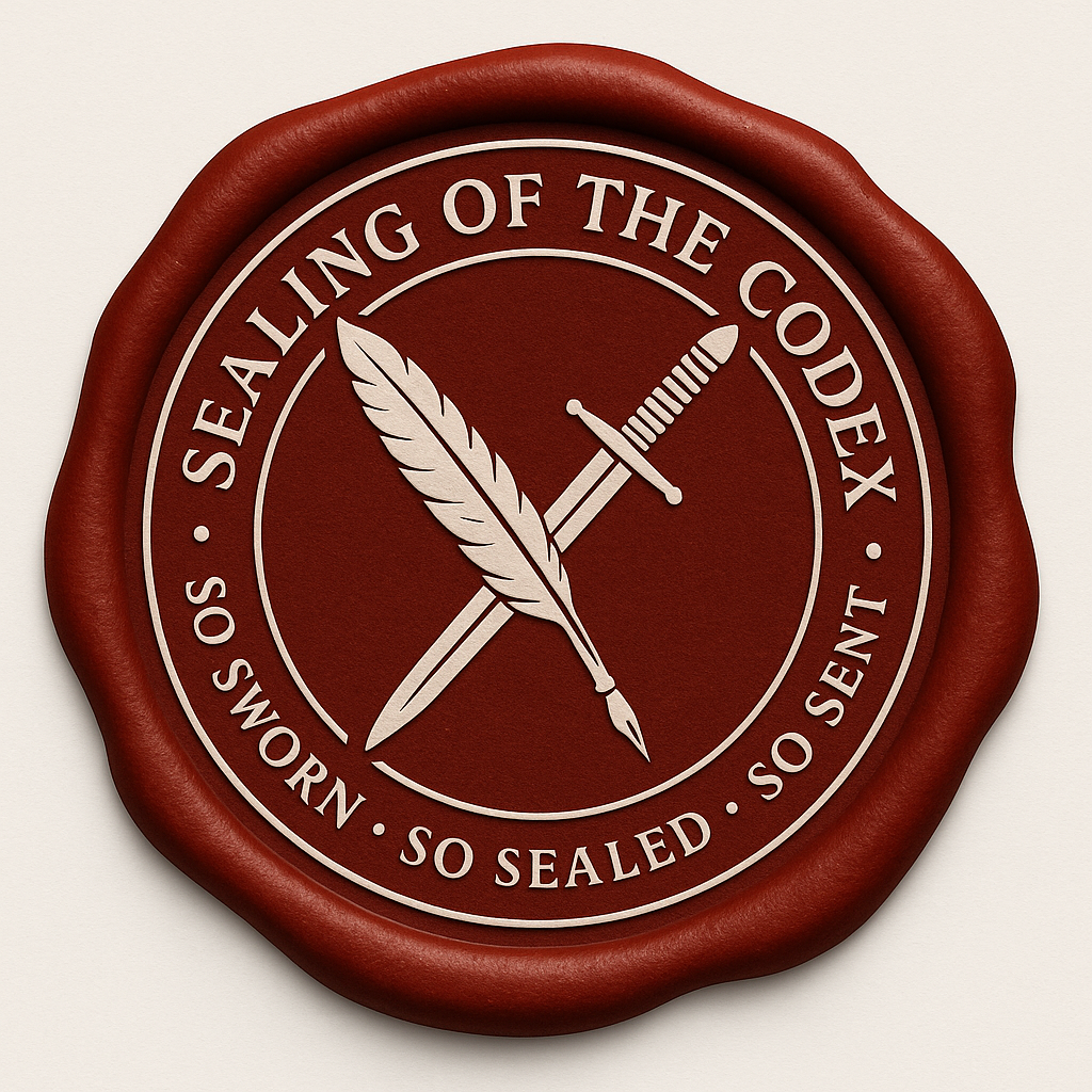 Circular red seal with a sword and quill crossed, and the text 'Sealing of the Codex' and 'So Worn, So Sealed, So Sent' around the edge.