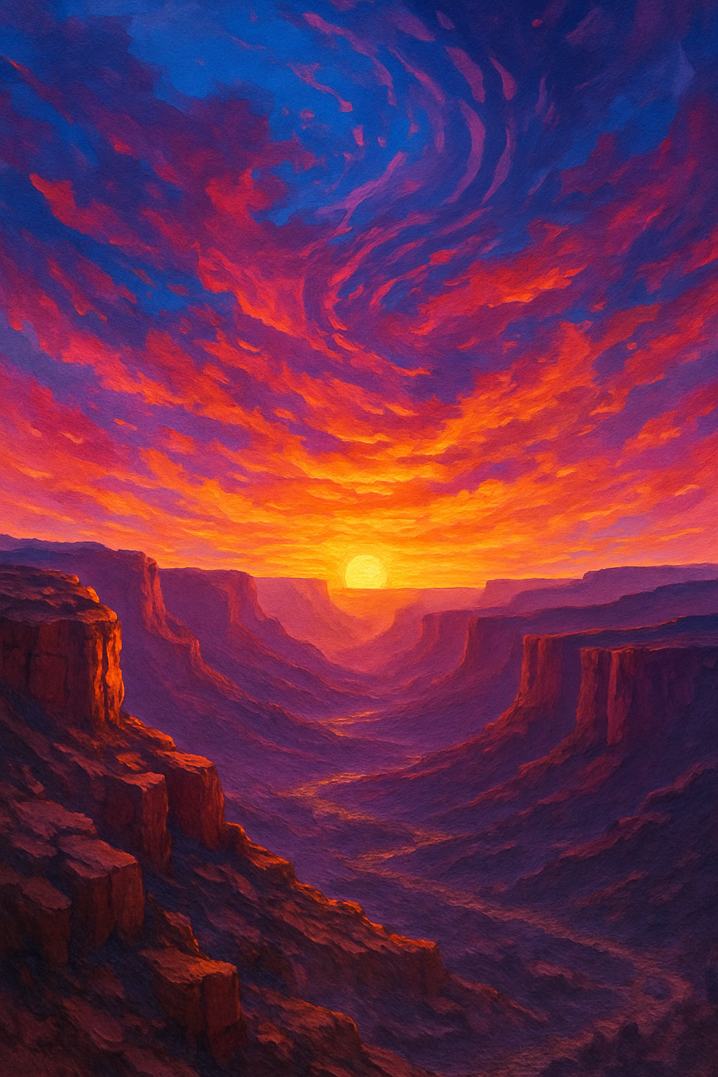 Painting of a sunset over the Grand Canyon with vibrant orange, purple, and blue colors in the sky and canyon walls.