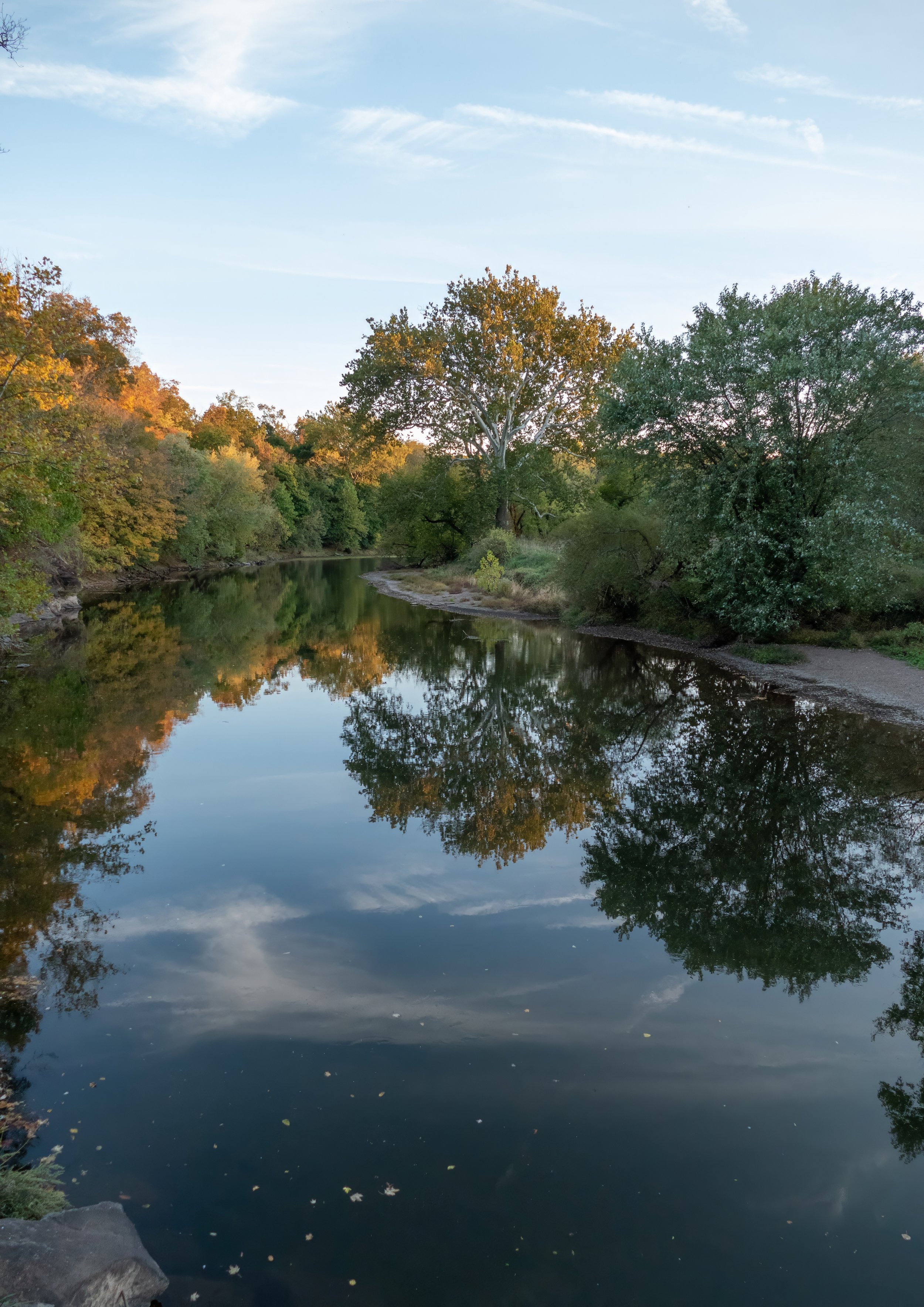 A serene river in Central NJ reflecting green trees and blue sky with clouds, surrounded by trees with autumn-colored leaves.