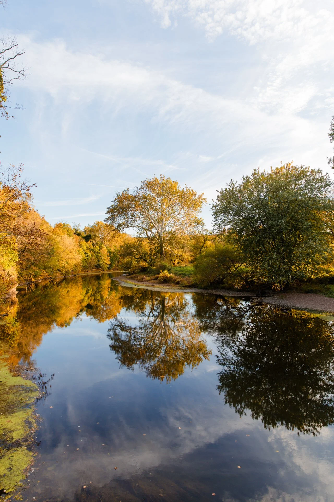 A peaceful river scene in Neshanic Station, NJ with calm water reflecting trees with autumn foliage and a blue sky with wispy clouds.