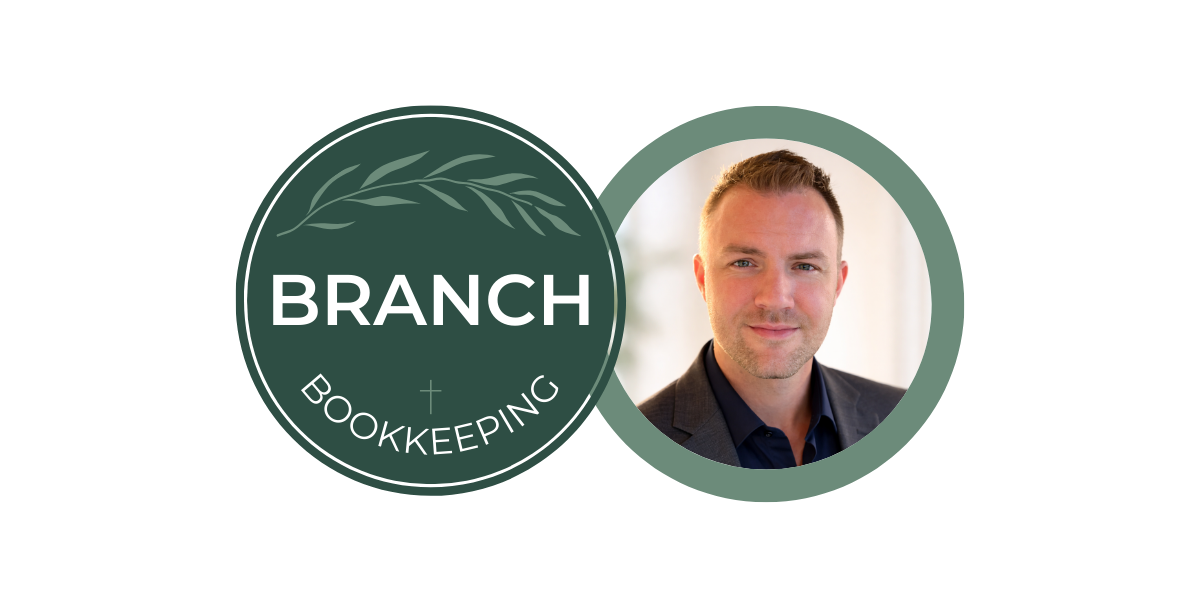 A logo with the words 'Branch Bookkeeping' and a professional headshot of a man in a suit and blue shirt.