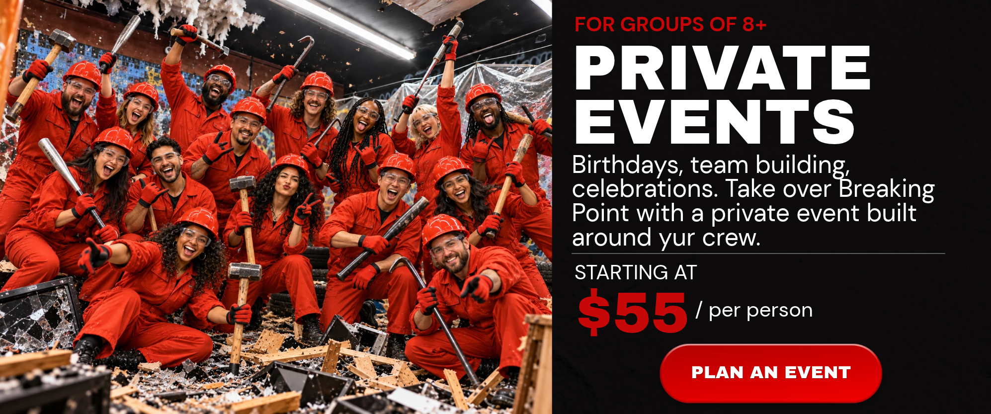 a group of people in red smash suits and protective gear posing in a rage room with a smash tools and a TV
