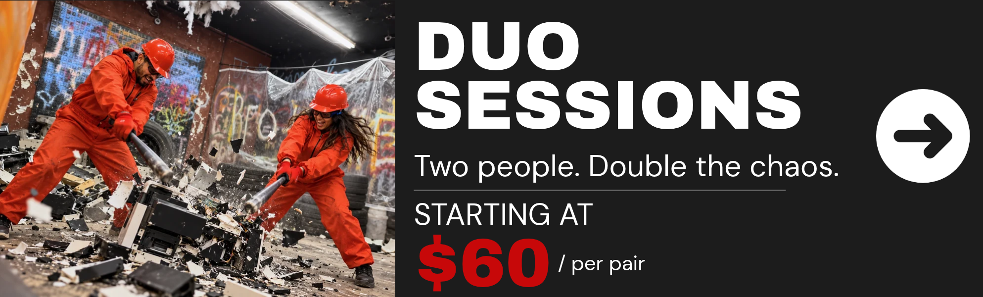 A man and woman releasing stress by smashing a printer with baseball bats during a duo rage room session Breaking Point Rage Room