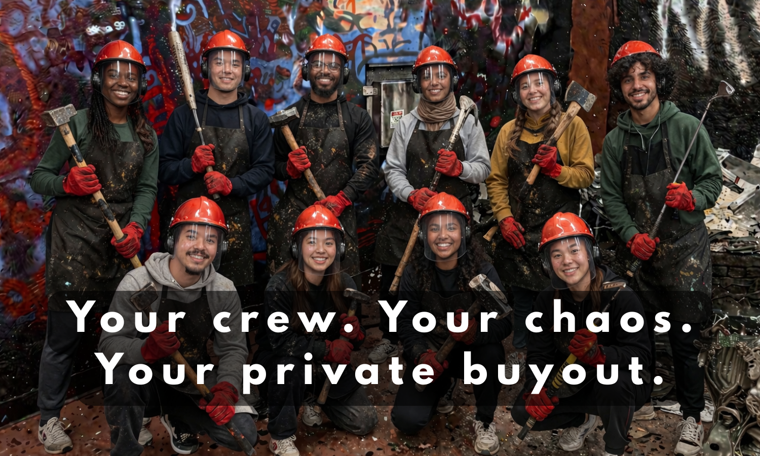 Group of friends wearing safety gear s with bats, axes, golf clubs, and sledgehammers during a private event  at Breaking Point Rage Room