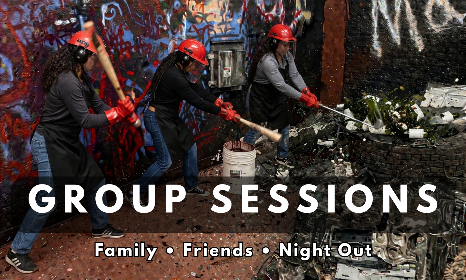 Group of friends wearing safety gear smashing a TV and electronics with bats during a group rage room session at Breaking Point Rage Room