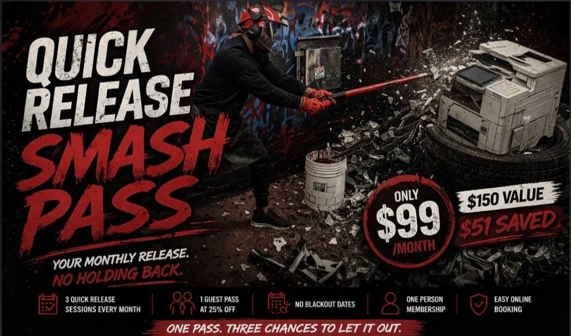 a man breaking a printer on a flyer offering a quick release smash pass for $99