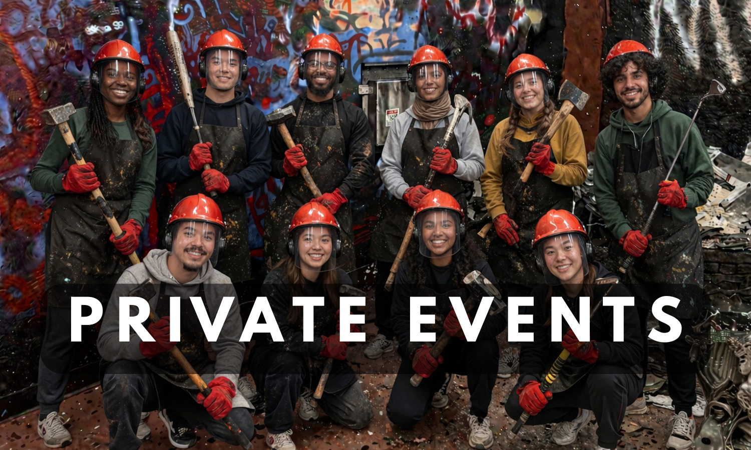 Group of friends wearing safety gear s with bats, axes, golf clubs, and sledgehammers during a private event  at Breaking Point Rage Room