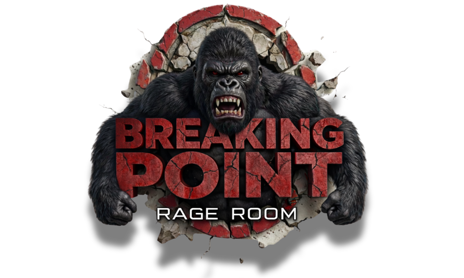 Logo for 'Breaking Point: Rage Room' featuring a fierce gorilla breaking through a wall, with bold red and black text.