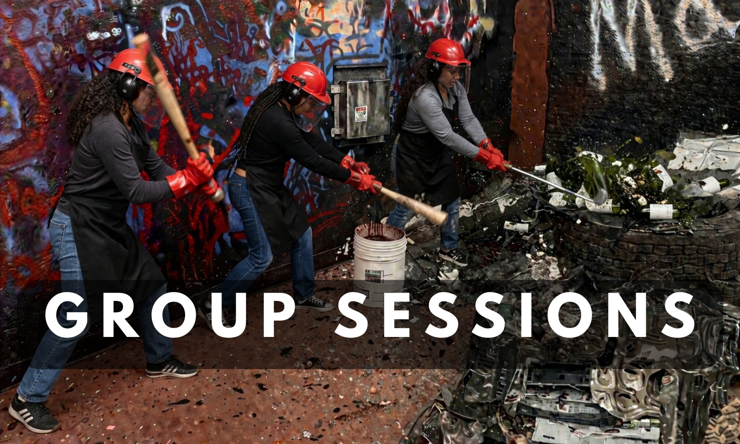 Group of friends wearing safety gear smashing a TV and electronics with bats during a group rage room session at Breaking Point Rage Room