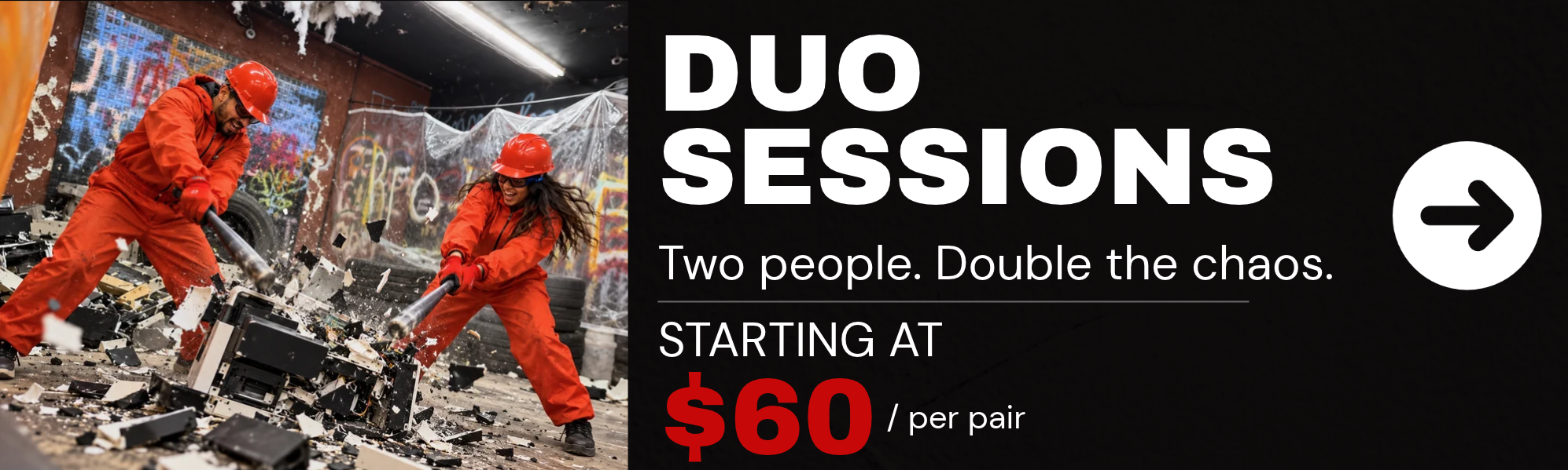 A man and woman releasing stress by smashing a printer with baseball bats during a duo rage room session Breaking Point Rage Room
